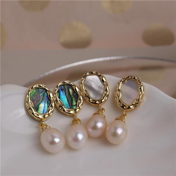 Abalone Shell & Freshwater Pearl Drop Earrings | 14K Gold Plated Hypoallergenic - Picture 3 of 8